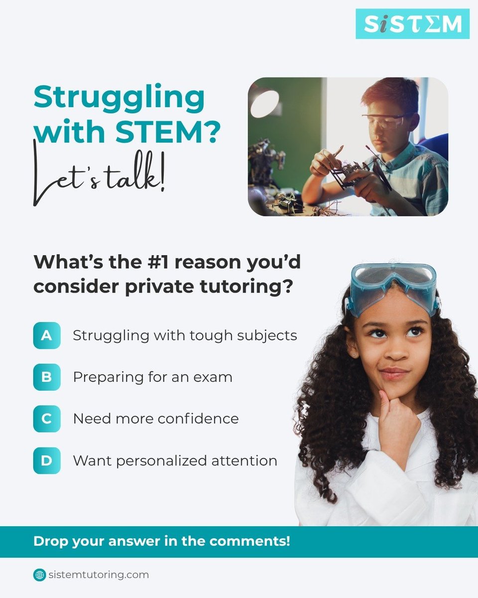 SiSTEMtutoring's tweet image. Private tutoring can help you build confidence, prep for exams, and master tough subjects.
What’s your biggest reason for considering tutoring? 👇
#STEMSupport #TutoringWorks #StudentSuccess