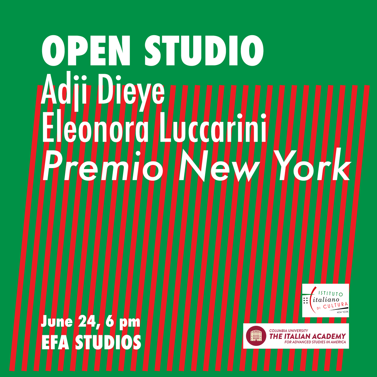 ItalianAcademy's tweet image. Tue, Jun 24, 6-8PM:
Open Studio event at EFA Studios (323 W 39th St. 3Fl, NYC) featuring Premio New York prize winners Adji Dieye &amp;amp; Eleonora Luccarini
italianacademy.columbia.edu/content/premio…
#PremioNewYork #creativitacontemporanea