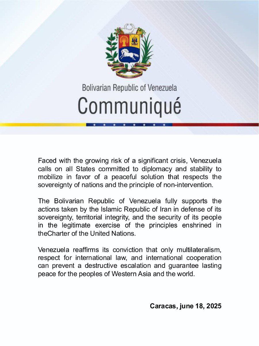 Venezuela condemns Israel's aggression against Iran and demands the immediate restoration of international law