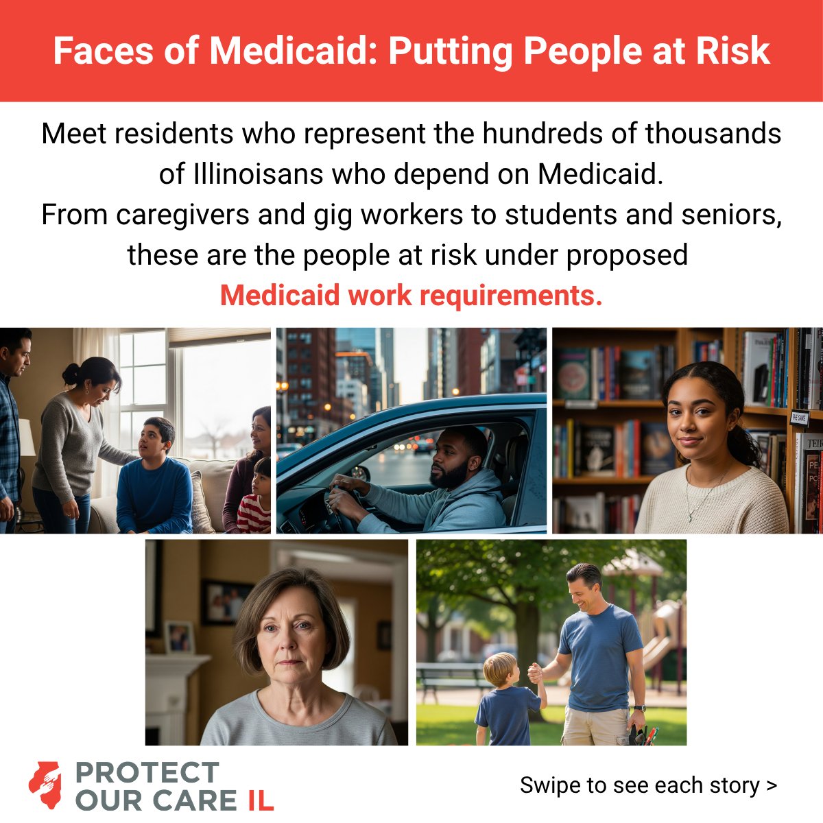 ProtectILCare's tweet image. These are the faces of #Medicaid, relied on by thousands of Illinoisans for the care they need to live and work. New work requirements would put that care at risk for people like Darnell, Marisol, Jasmine and more. Take action at protectourcareil.org.
#ProtectOurCareIL
