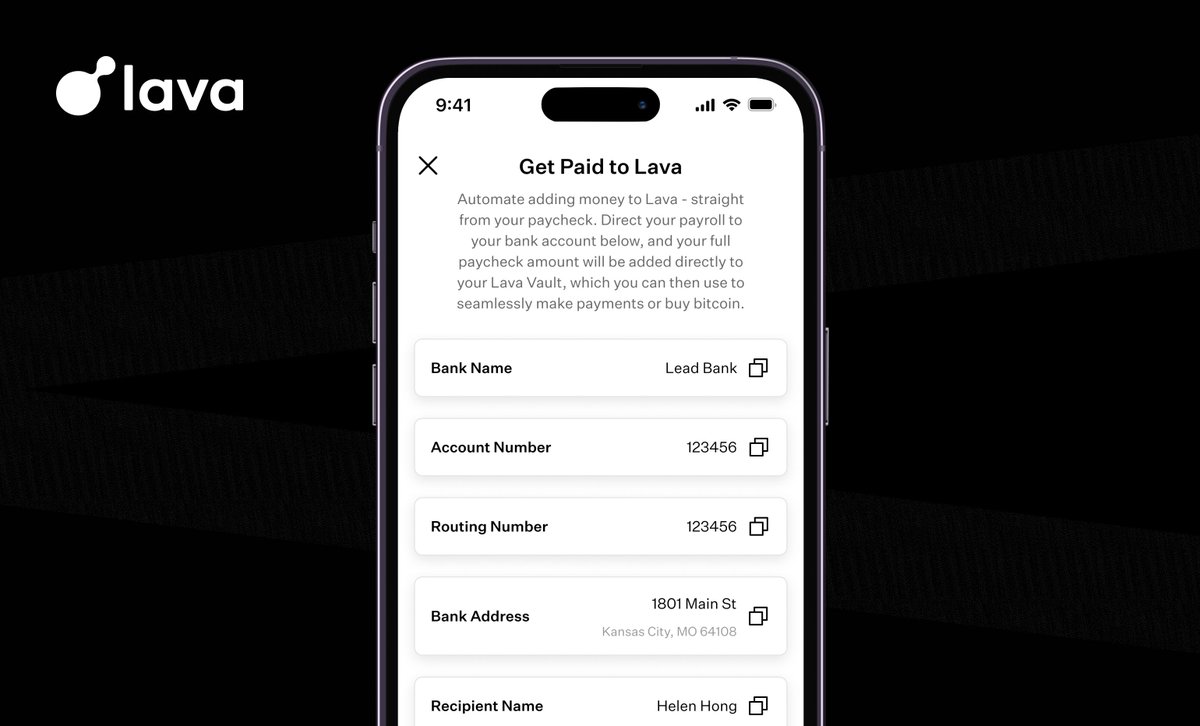 New on Lava: direct deposits to your self-custody vault!

Automate your savings with direct deposits from your paycheck; receive funds in USD or automatically convert them to BTC.

Hold BTC, easily borrow against it, and spend dollars globally. All in one place.