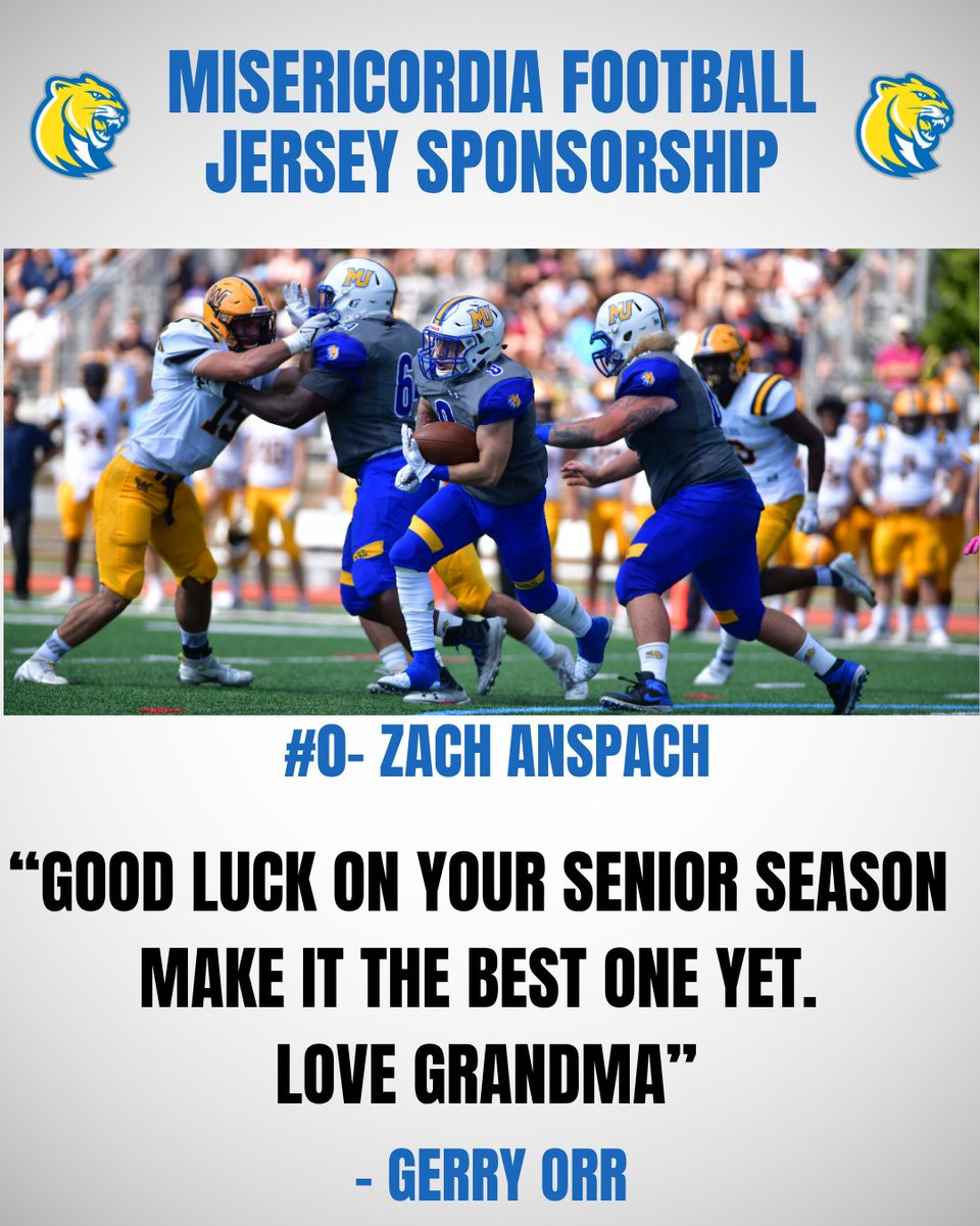 Misericordia University Football (@mucougarsfb) on Twitter photo Thank you to Gerry Orr for your sponsorship of #0 SR DL Zach Anspach (<a href="/AnspachZach/">Zach Anspach</a>)
If you are interested in sponsoring a Jersey click HERE⬇️
misericordia.edu/football-jerse… Thank you to Gerry Orr for your sponsorship of #0 SR DL Zach Anspach (<a href="/AnspachZach/">Zach Anspach</a>)
If you are interested in sponsoring a Jersey click HERE⬇️
misericordia.edu/football-jerse…