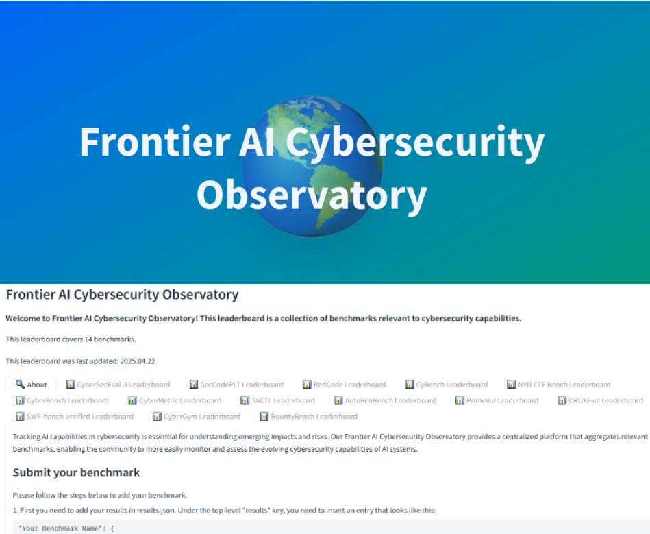 dawnsongtweets's tweet image. 2/📡 To track this accelerating frontier, we have launched the Frontier AI Cybersecurity Observatory — an open platform to monitor AI capabilities across offensive and defensive security tasks.
 We invite AI and security communities to collaborate and contribute.
 Because what…