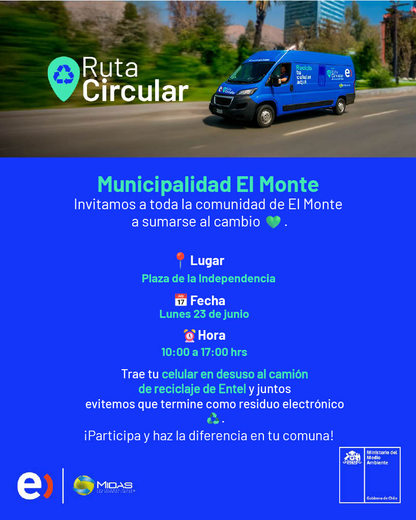 🌳♻️Ruta Circular, una iniciativa nacional que busca acercar la recolección de celulares y accesorios en desuso a lo largo del país: 
🍀 ♻️Lugar: Plaza Independencia lunes 23 de junio en una jornada de 10 a 17 horas.
<a href="/entel/">Entel Chile</a> #ElMonte #Chile #RutaCircular #Entel
