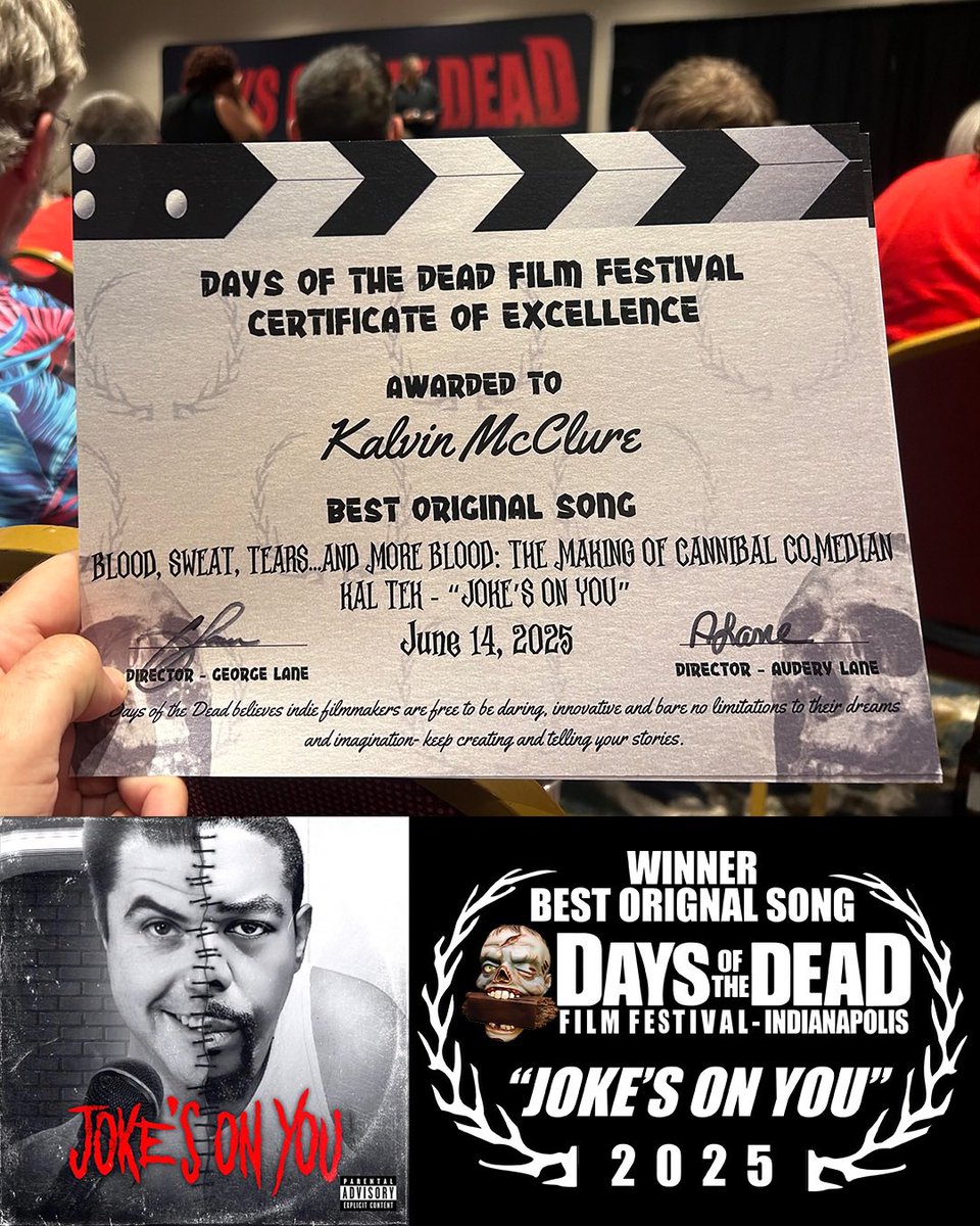 Pink Plaid Productions (@pinkplaid) on Twitter photo “Think it’s a joke? Well it ain’t funny!” We just won Best Song at #DaysoftheDead #FilmFestival for “Joke’s On You” by Kal Tek! 🏆🔊🎶 Congrats man, you deserve it. 🙌 <a href="/BigKalvin/">KAL TEK</a> <a href="/CannibalComic/">Cannibal Comedian movie</a> <a href="/SeanBloodyHaitz/">Sean Haitz</a> <a href="/Cineverse_ent/">Cineverse 🎞️</a> <a href="/ScreamboxTV/">SCREAMBOX</a>
Check it out, now streaming everywhere! “Think it’s a joke? Well it ain’t funny!” We just won Best Song at #DaysoftheDead #FilmFestival for “Joke’s On You” by Kal Tek! 🏆🔊🎶 Congrats man, you deserve it. 🙌 <a href="/BigKalvin/">KAL TEK</a> <a href="/CannibalComic/">Cannibal Comedian movie</a> <a href="/SeanBloodyHaitz/">Sean Haitz</a> <a href="/Cineverse_ent/">Cineverse 🎞️</a> <a href="/ScreamboxTV/">SCREAMBOX</a>
Check it out, now streaming everywhere!