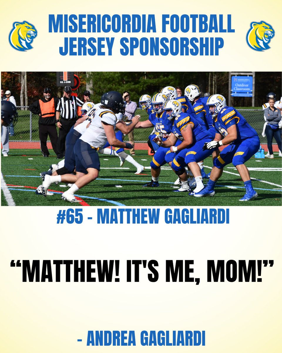 Misericordia University Football (@mucougarsfb) on Twitter photo Thank you to Andrea Gagliardi for your sponsorship of #65 FY DL Matthew Gagliardi (<a href="/MattGags_/">Matthew Gagliardi</a>)
If you are interested in sponsoring a Jersey click HERE⬇️
misericordia.edu/football-jerse… Thank you to Andrea Gagliardi for your sponsorship of #65 FY DL Matthew Gagliardi (<a href="/MattGags_/">Matthew Gagliardi</a>)
If you are interested in sponsoring a Jersey click HERE⬇️
misericordia.edu/football-jerse…
