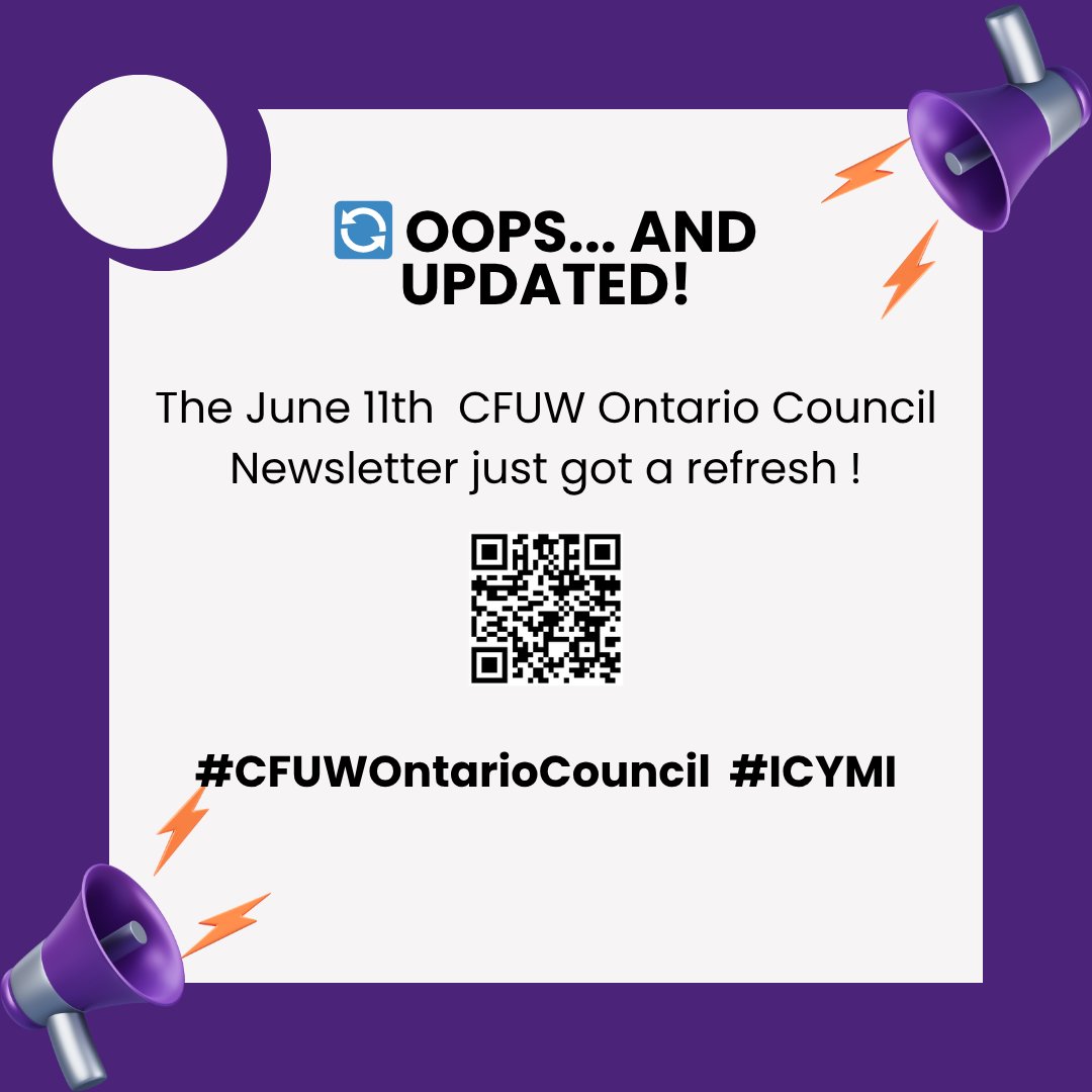 CFUWHamilton's tweet image. 📢 Update from CFUW Ontario Council
The June 11 Newsletter has been corrected and updated — check out the revised version here: cutt.ly/rrWxBxBm
#CFUWOntarioCouncil #MemberUpdate #StayInformed