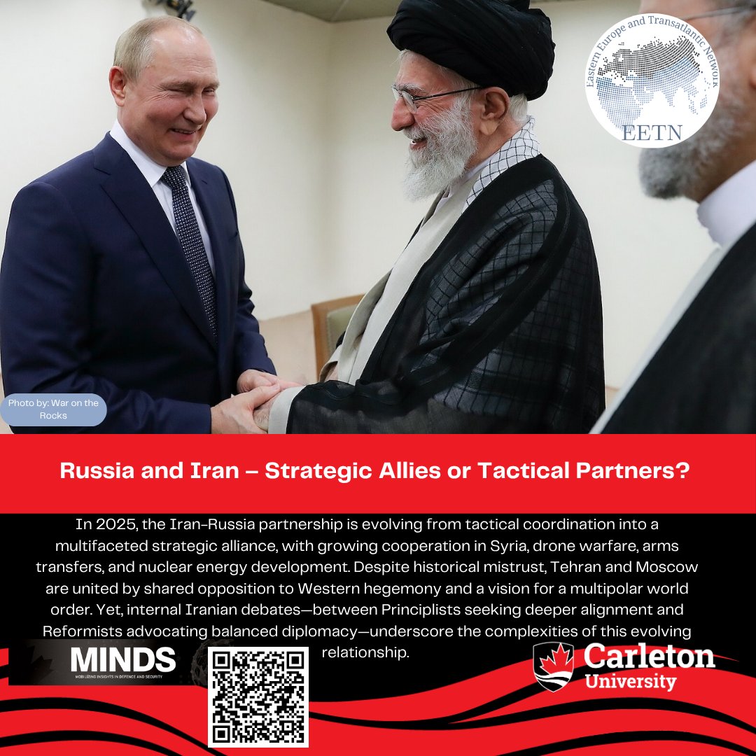 EETN_REET's tweet photo. 1/ Iran and Russia's partnership is—spanning Syria, drones, arms, and nuclear energy—driven by shared opposition to Western power. But domestic debates in Tehran exist over how far this alliance should go.#IranRussia #Geopolitics #DefenceMINDS #StrategicPartnership https://t.co/UjtzdLW9pW