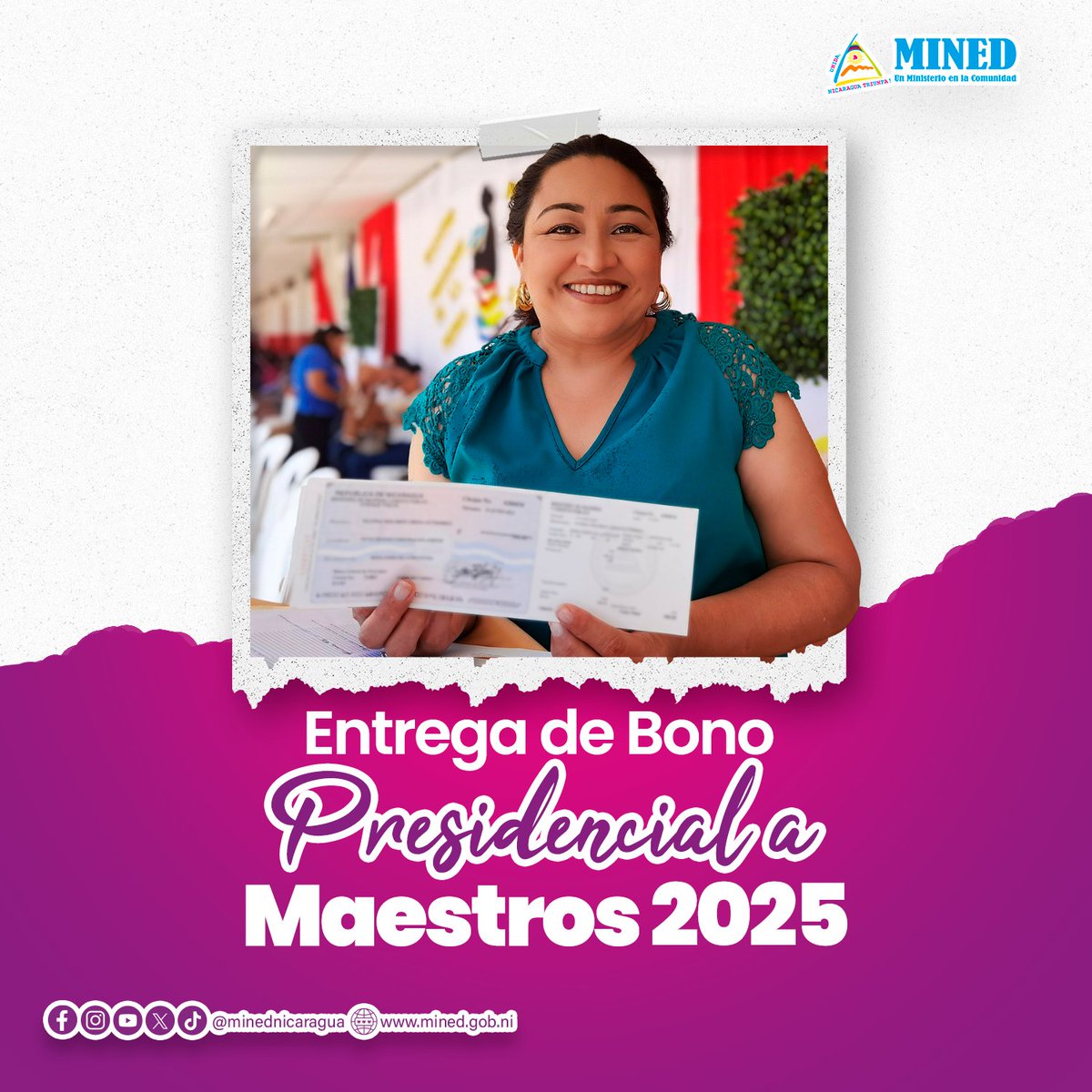 En saludo al Día del Maestro Nicaragüense, el Gobierno de Reconciliación y Unidad Nacional entregará Bono Presidencial a maestros y maestras, en reconocimiento a su dedicación y compromiso con la educación de niñas, niños y jóvenes.