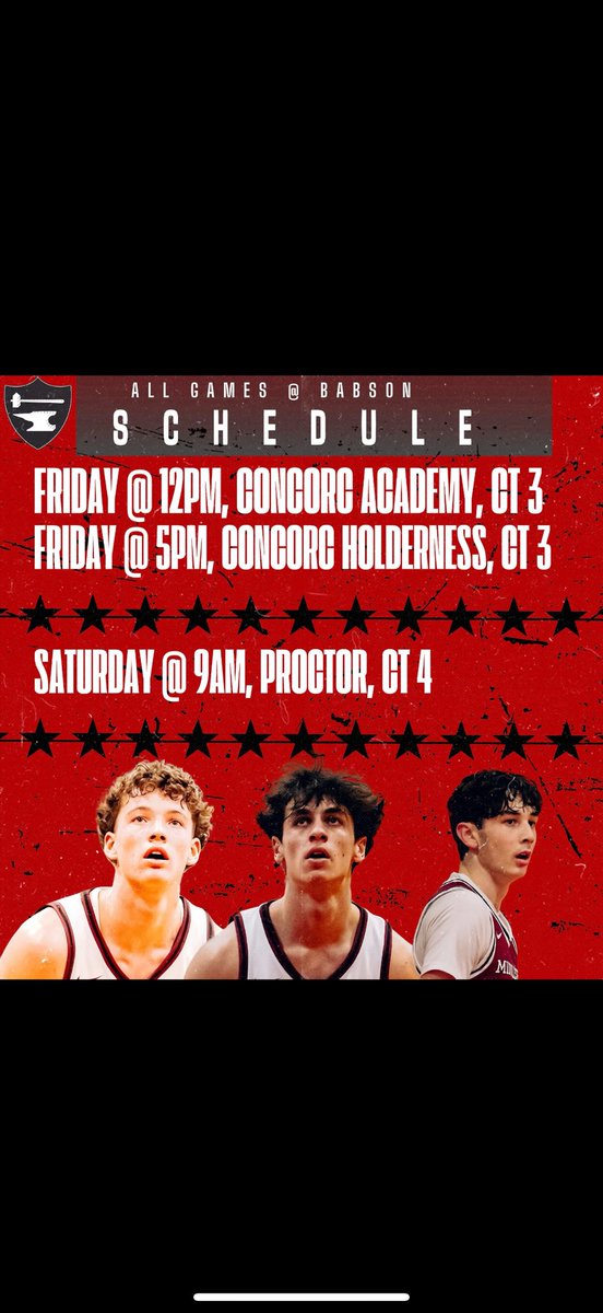Here is my schedule for the nepsac showcase at Babson this weekend
<a href="/MiddlesexBVBall/">Middlesex Boys Varsity Basketball</a> <a href="/SeanTabb/">Sean Tabb</a>