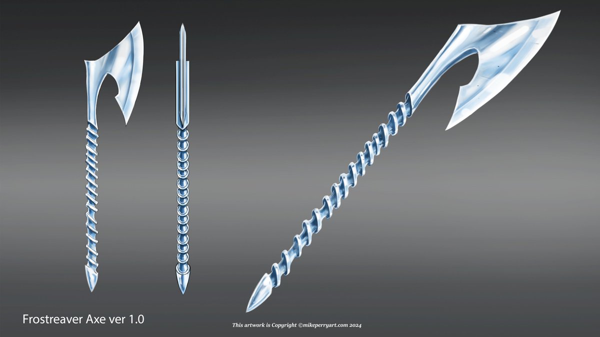 Mor Frostreaver stuff. This is a finished design with a front, side and 3D view of the weapon.