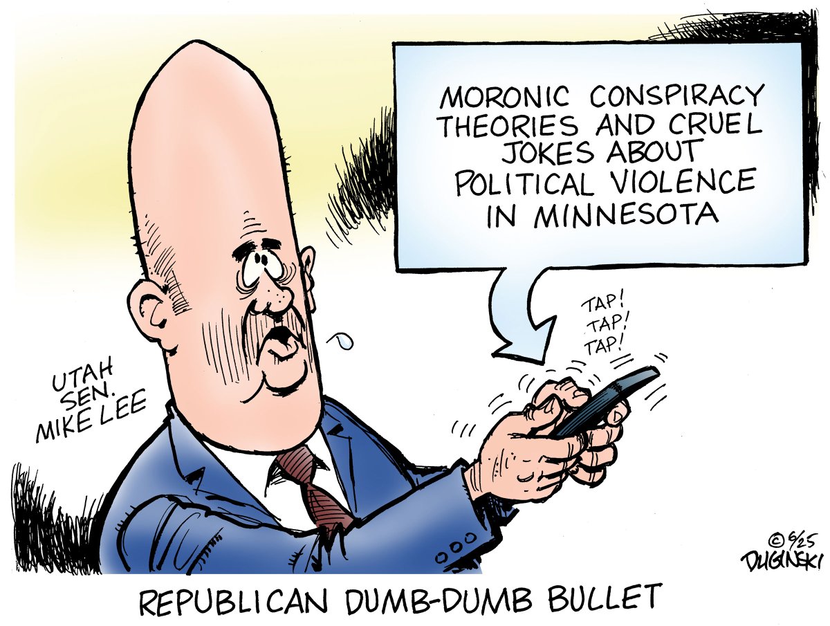 CartoonKahuna's tweet image. As a Minnesota native, I was especially offended by Sen. Mike Lee's infantile attempts to weaponize the tragic events of last weekend. At the very least, he should be censured by the Senate. #MAGAMorons @SenMikeLee #MikeLeeResign #mikelee #magacultmorons #MinnesotaAttack