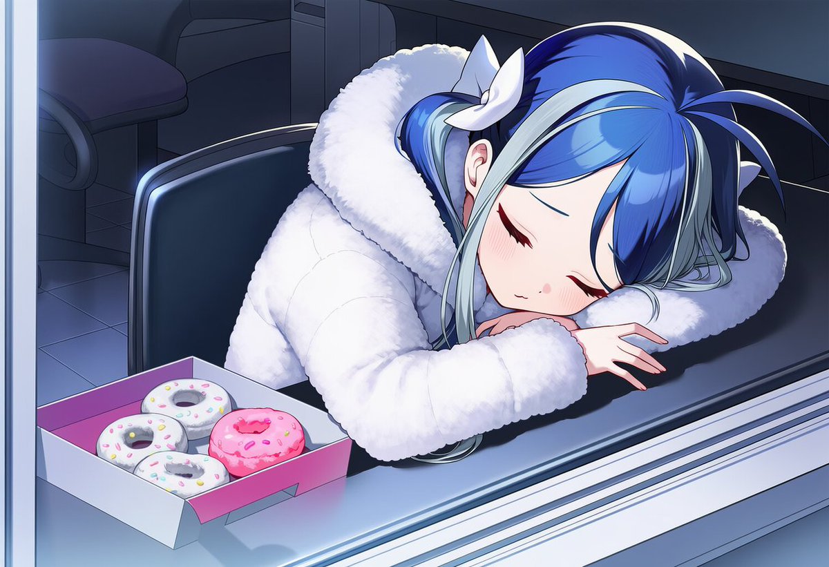 白いフード付きの毛皮のコートを着て、オフィスのデスクで眠る合歓垣フブキを見てみたい。机の上にはドーナツの箱がある。彼女は眠っているので、ヘイローは現れない。
#odaibako_fur_ai_illust odaibako.net/odais/ecd6973f…