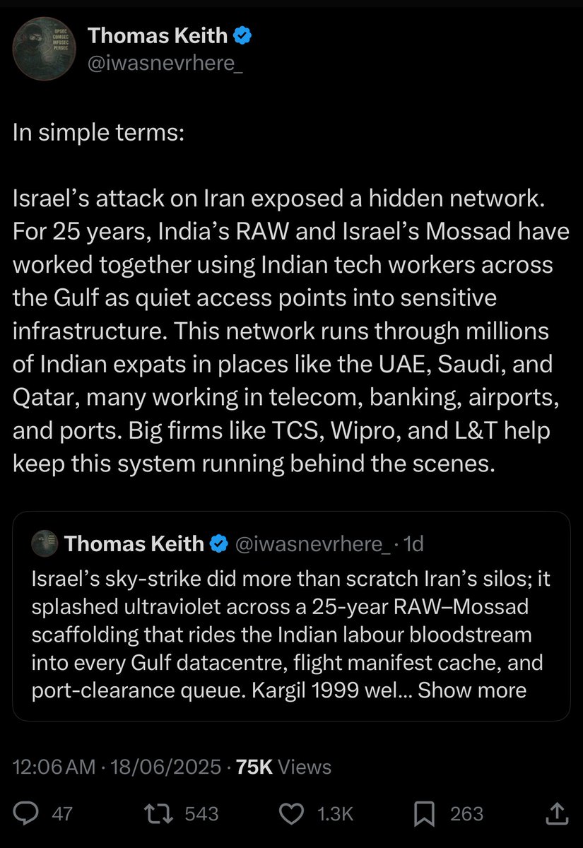 باختصار:
- الهجوم الإسرائيلي على إيران كشف شبكة استخباراتية خفية كانت تعمل في الظل منذ 25 عامًا.
- تعاون طويل الأمد بين جهاز RAW الهندي والموساد الإسرائيلي استغل ملايين العمال الهنود المنتشرين في الخليج كـ “نقاط وصول صامتة” إلى بنى تحتية حساسة.
- الشبكة تمتد عبر الإمارات،