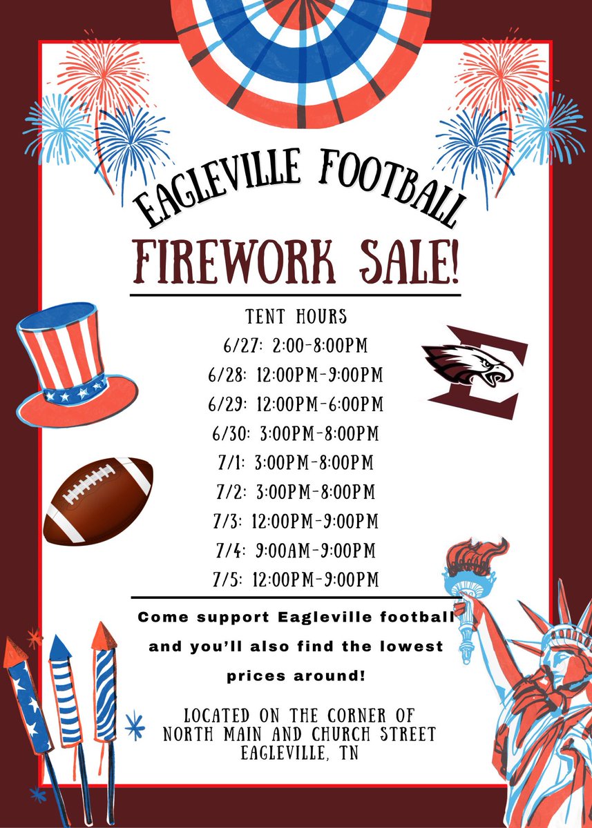 Come see us June 27th through July 5th at the corner of North Main and Church Street in Eagleville! Stock up on your fireworks while supporting Eagleville football!!