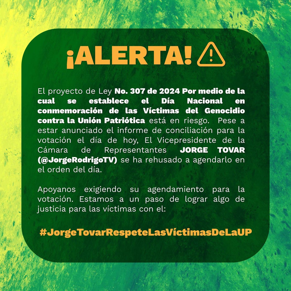 Denuncia <a href="/BecerraGabo/">Gabo Becerra 🏛️</a> que <a href="/JorgeRodrigoTV/">Jorge Rodrigo Tovar Vélez</a> trabaja para hundir la Ley de que declara el Día de Víctimas de la <a href="/UP_Colombia/">Unión Patriótica</a>. No le basta con usurpar la curul de las víctimas, quiere borrar la memoria. 
#JorgeTovarRespeteLasVíctimasDeLaUP