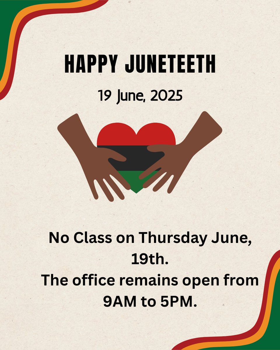 BluedataESL's tweet photo. 🎉 Happy Juneteenth! June 19 celebrates the end of slavery in the U.S. — a day of freedom and reflection.  📌 No class on Thursday (6/19) Office open: 9AM–5PM  #Juneteenth #Bluedata #F1Visa #ESLLife #AmericanCulture #EnglishSchoolNYC https://t.co/SgLVqwpzMh