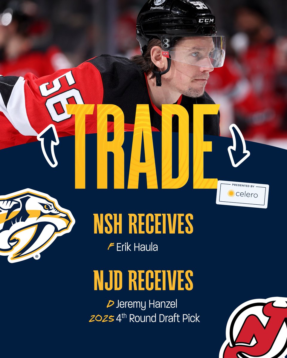 TRADE 🔄 Forward Erik Haula is back in Smashville!

The Devils receive defensemen Jeremy Hanzel and a 2025 4th round draft pick.

Full trade details » preds.club/44drEQj