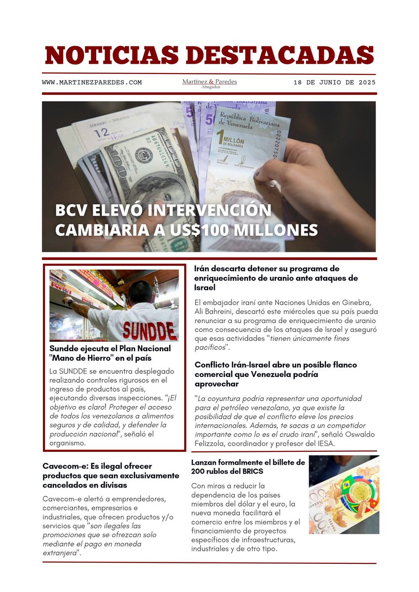 Noticias destacadas del día 
18 de junio de 2025

Si quieres estar enterado diariamente de la actualidad jurídica del país, escríbenos y te contamos más info@martinezparedes.com 

#MPAbogados