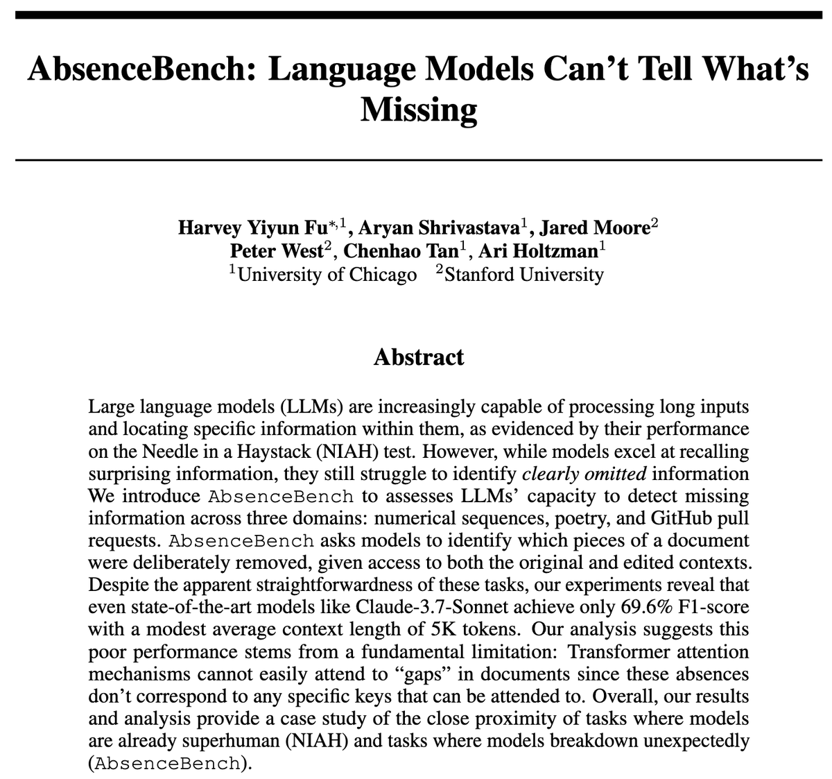 LLMs excel at finding surprising “needles” in very long documents, but can they detect when information is conspicuously missing?

🫥AbsenceBench🫥 shows that even SoTA LLMs struggle on this task, suggesting that LLMs have trouble perceiving “negative space” in documents.

paper: