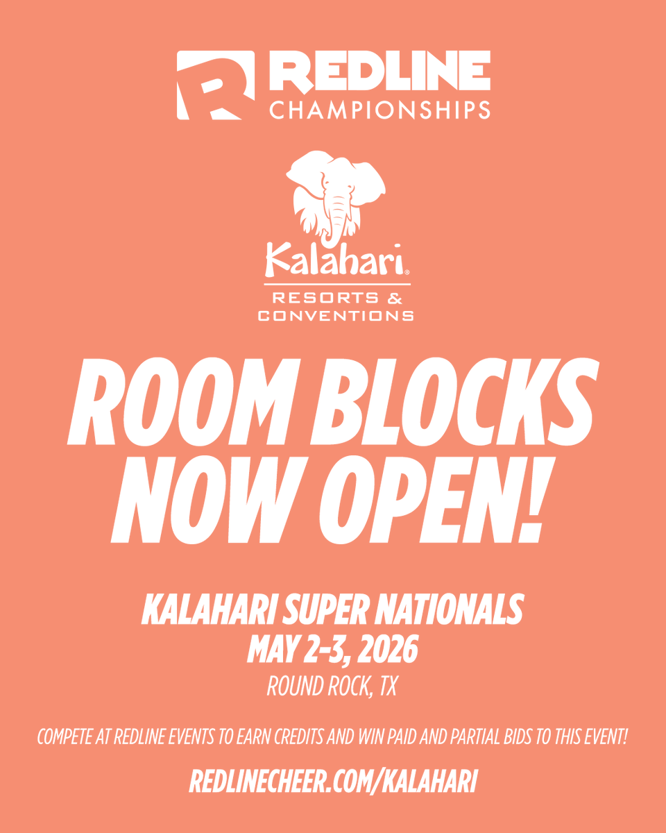 Room blocks for Kalahari Super Nationals are now OPEN! Secure your spot at one of the most amazing competition venues in the country and make your championship weekend truly unforgettable!

Find the link to reserve your room at redlinecheer.com/kalahari