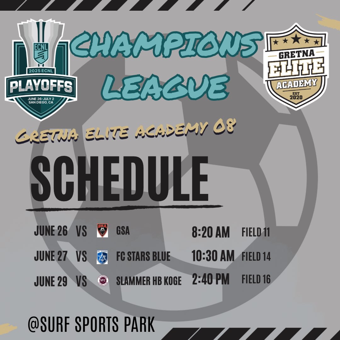 GEA 08G ECNL (@gretna08ecnl) on Twitter photo Schedules are out & we’re excited to pack our bags for San Diego!!🏝️ Add us to your list of teams to come see, we think we’ve got a lot to show off! ⚽️🔥
Visit our team site to preview who will be on the pitch! gea08ecnl.com/team
#ECNLplayoffs #ChampionsLeague <a href="/JonBrezenski/">Jon Brezenski</a> Schedules are out & we’re excited to pack our bags for San Diego!!🏝️ Add us to your list of teams to come see, we think we’ve got a lot to show off! ⚽️🔥
Visit our team site to preview who will be on the pitch! gea08ecnl.com/team
#ECNLplayoffs #ChampionsLeague <a href="/JonBrezenski/">Jon Brezenski</a>