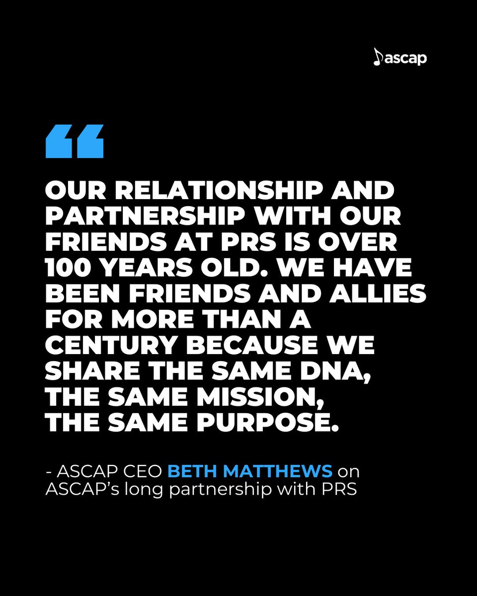 ASCAP's tweet image. There’s a reason ASCAP and PRS have partnered for so long! At ASCAP, we value community and friendship. Both organizations are committed to protecting music creators’ rights and ensuring fair pay wherever your music is performed!