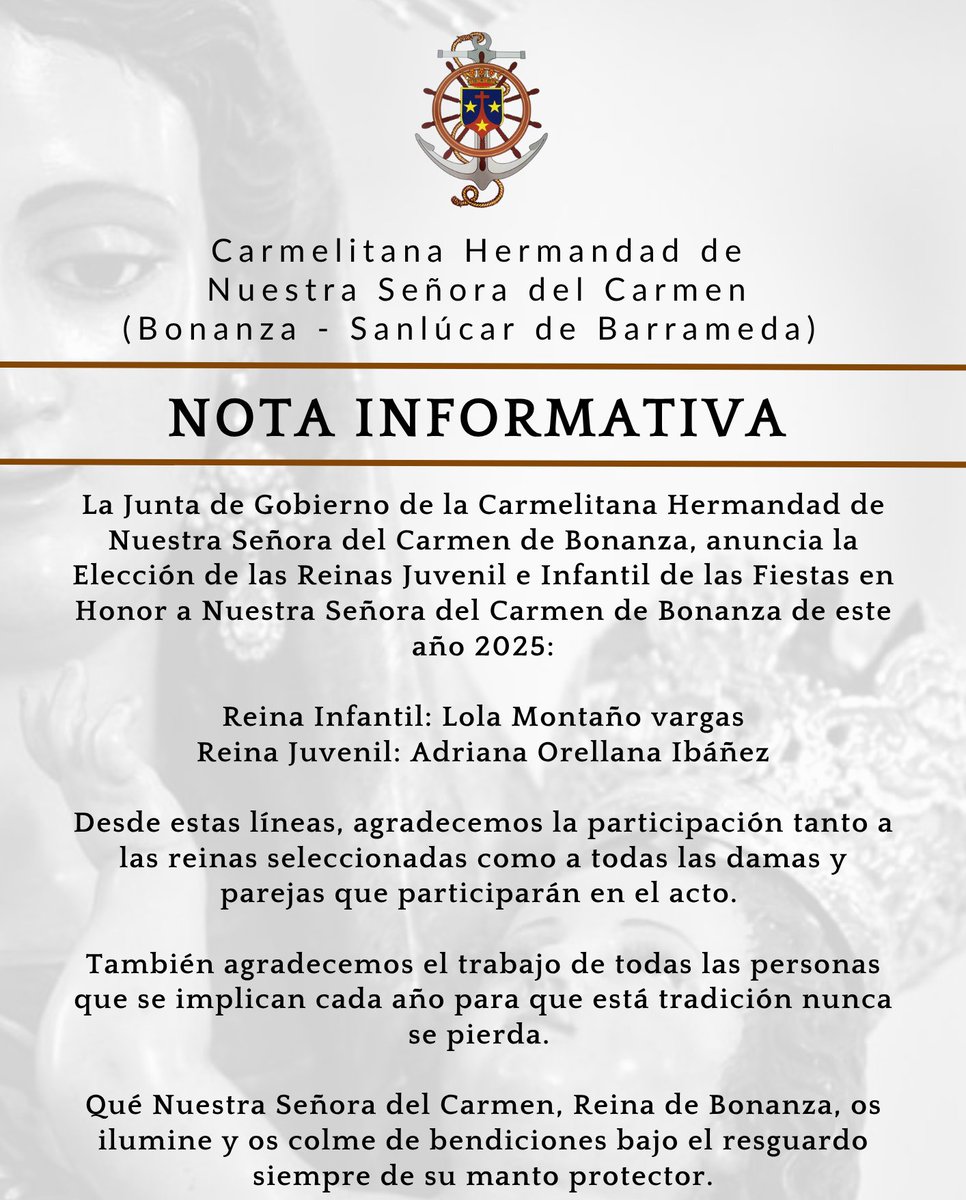NOTA INFORMATIVA:
Resultados del sorteo de la Elección de Reinas y Damas de la Festividad de Nuestra Señora del Carmen de Bonanza 2025.