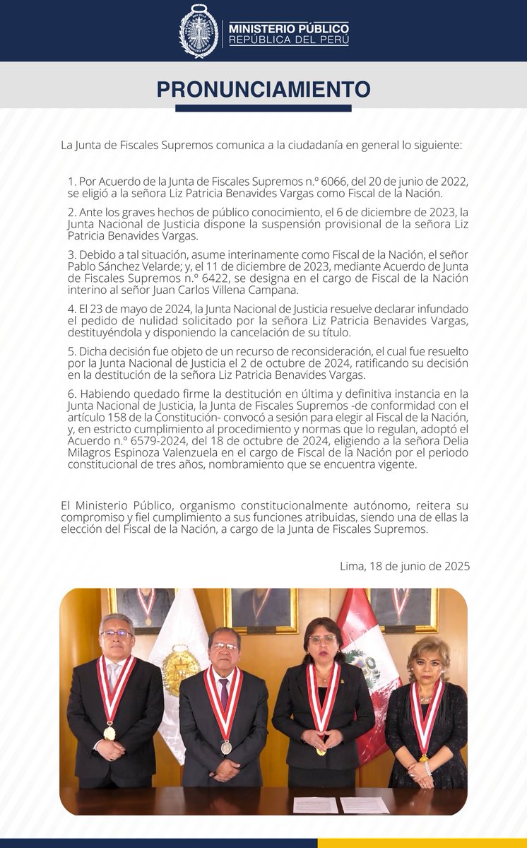 #LoÚltimo 🚨En un comunicado, la Junta de Fiscales Supremos aseguró que el nombramiento de la fiscal de la nación, Delia Espinoza,  "se encuentra vigente". Además, insistió en que la Junta Nacional de Justicia ratificó la destitución de Patricia Benavides en octubre de 2024.