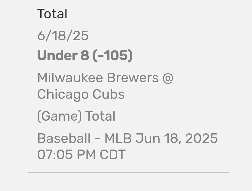 6/18 POTD⚾️

New day, new opportunity to build the bankroll 🏦 

🎟 Prop: MIL Brewers vs CHI Cubs u8 (-105)

#MLB #Thisismycrew     #Cubs