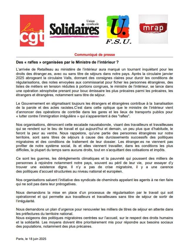 SyndicatASSO's tweet photo. 📢Communiqué intersyndical au sujet des rafles organisées par le Ministre de l'intérieur : https://t.co/7Ft6SWbEIy