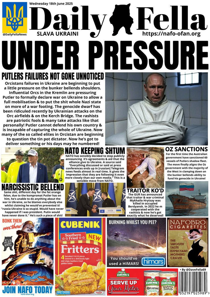 It’s that time again, Daily Fella time. Read about Putin’s failings in Ukraine putting him under pressure, Australia sanctions russian shadow fleet ships &amp; a traitor meets his end!

#DailyFella #DailyFellaNews #SlavaUkraini #NAFO