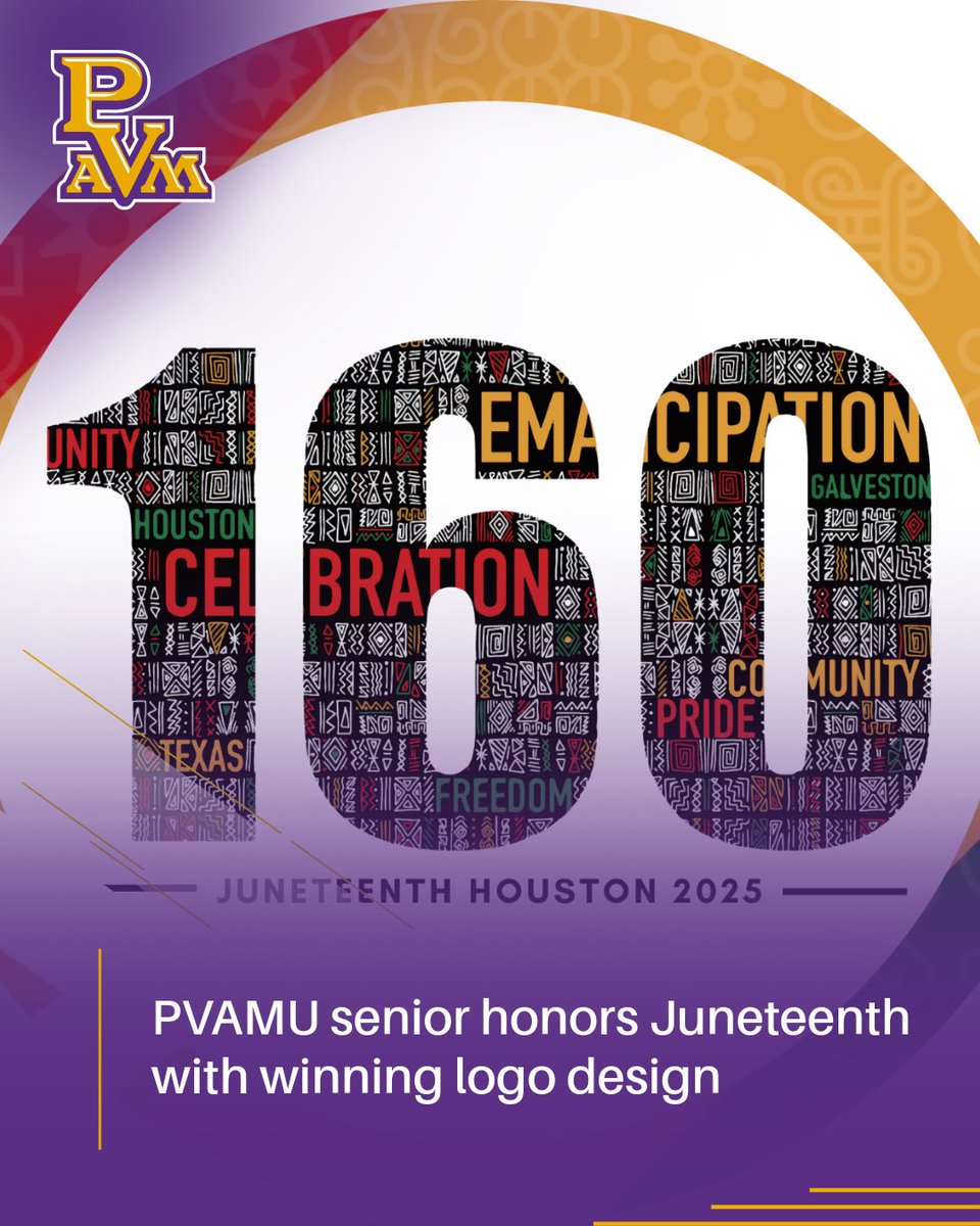 PVAMU's tweet image. As Juneteenth Houston celebrates historic African American culture around Houston, Prairie View A&M University senior Amaya Moss has a special connection, she designed the logo for Juneteenth Houston in honor of the holiday’s 160th anniversary.
Read more: pvamu.edu/blog/pvamu-sen…