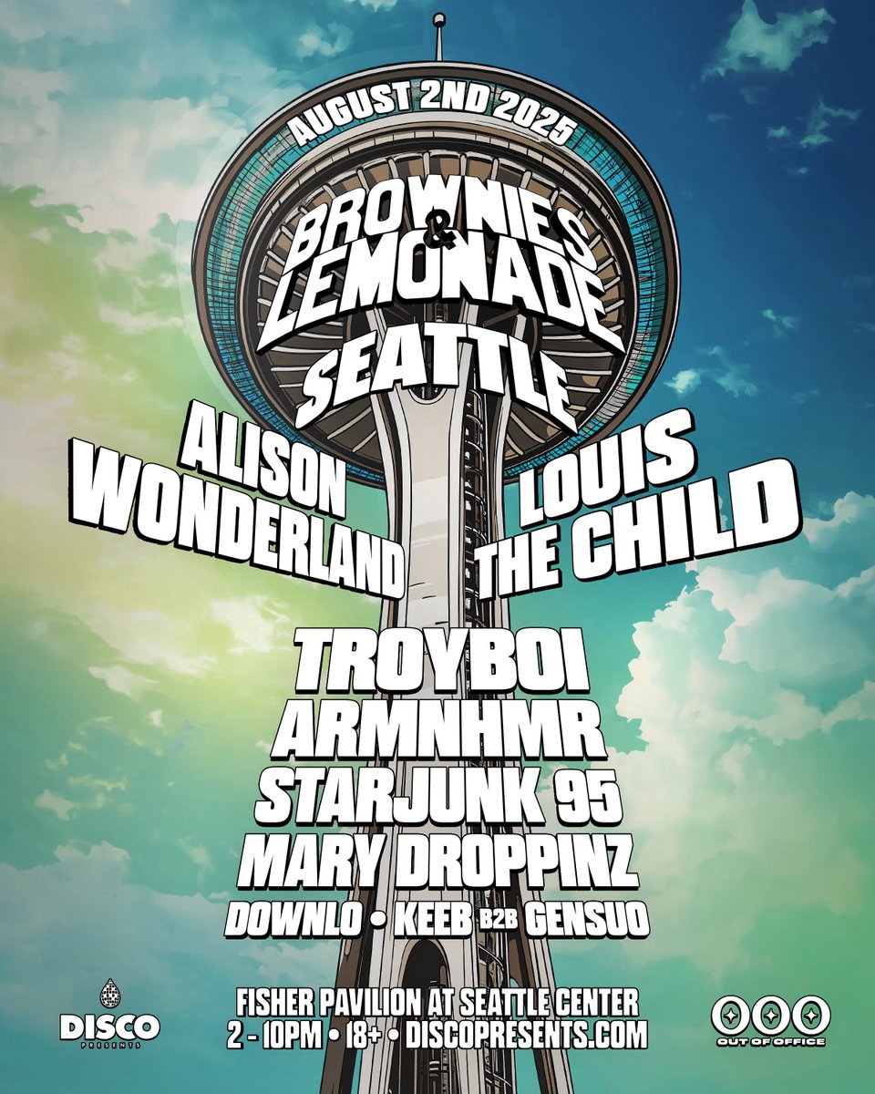 ANNOUNCING B&amp;L SEATTLE AT THE FISHER PAVILION—NEXT TO THE SPACE NEEDLE🗼 August 2nd 2025.

Alison Wonderland
Louis The Child
Troyboi
ARMNHMR
Starjunk 95
Mary Droppinz
Download
Keeb b2b Gensuo. 

Day to night rave next to the Space Needle. 

Presale: Tuesday 6/24 10am PT
On Sale: