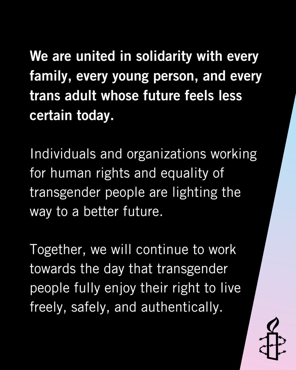 amnestyusa's tweet photo. Banning access to critical medical care endangers lives. Trans people have a right to, and must have, the same access to care, protection, and autonomy as everybody else. Health care is a human right. 

#TransgenderRightsAreHumanRights https://t.co/FaCDJHthzd
