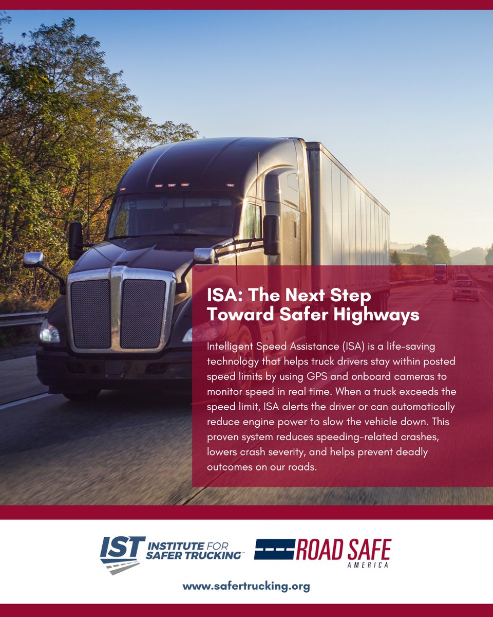 _SaferTrucking's tweet image. Intelligent Speed Assistance (ISA) offers a smart, proactive solution. This technology is not just innovation it is a critical safety measure proven to reduce crashes and save lives.
When safety leads everyone benefits.
#SaferTrucking #SaferRoads #IntelligentSpeedAssistance #ISA