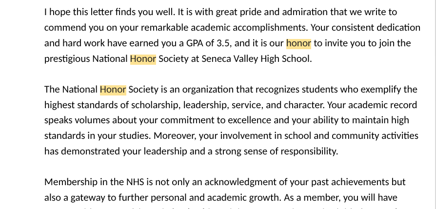 Thanks for the honors society invitation
