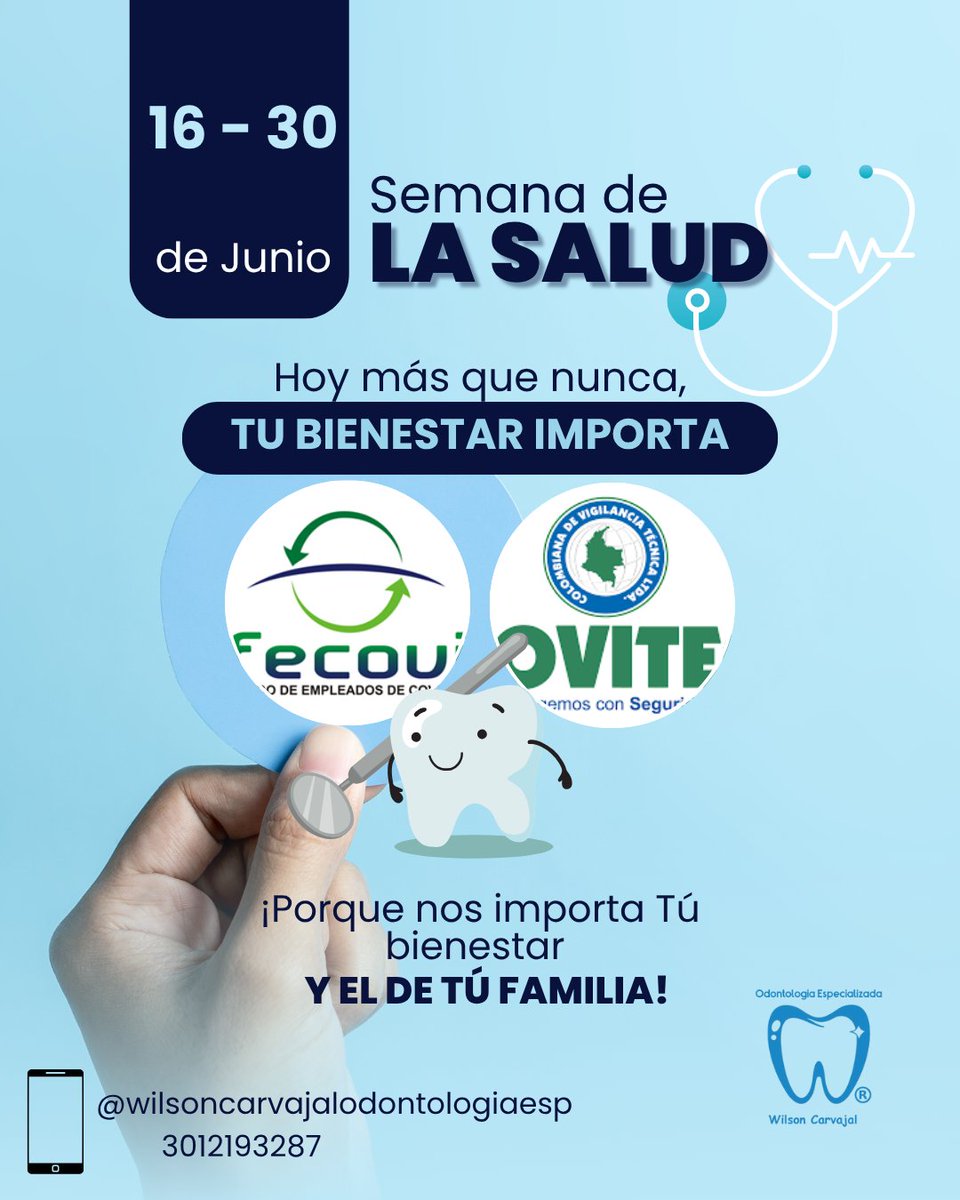 WilsonC_Odonto's tweet photo. 🦷💙 ¡Semana de la Salud con Wilson Carvajal Odontología Especializada! 💙🦷

📅 Del 16 al 30 de junio, súmate a la Semana de la Salud
🙌 Hoy más que nunca, TU BIENESTAR IMPORTA

✅ Evaluaciones dentales sin costo
✅ Actividades de prevención
✅ Atención con amor para ti https://t.co/SBZiEcPLbR