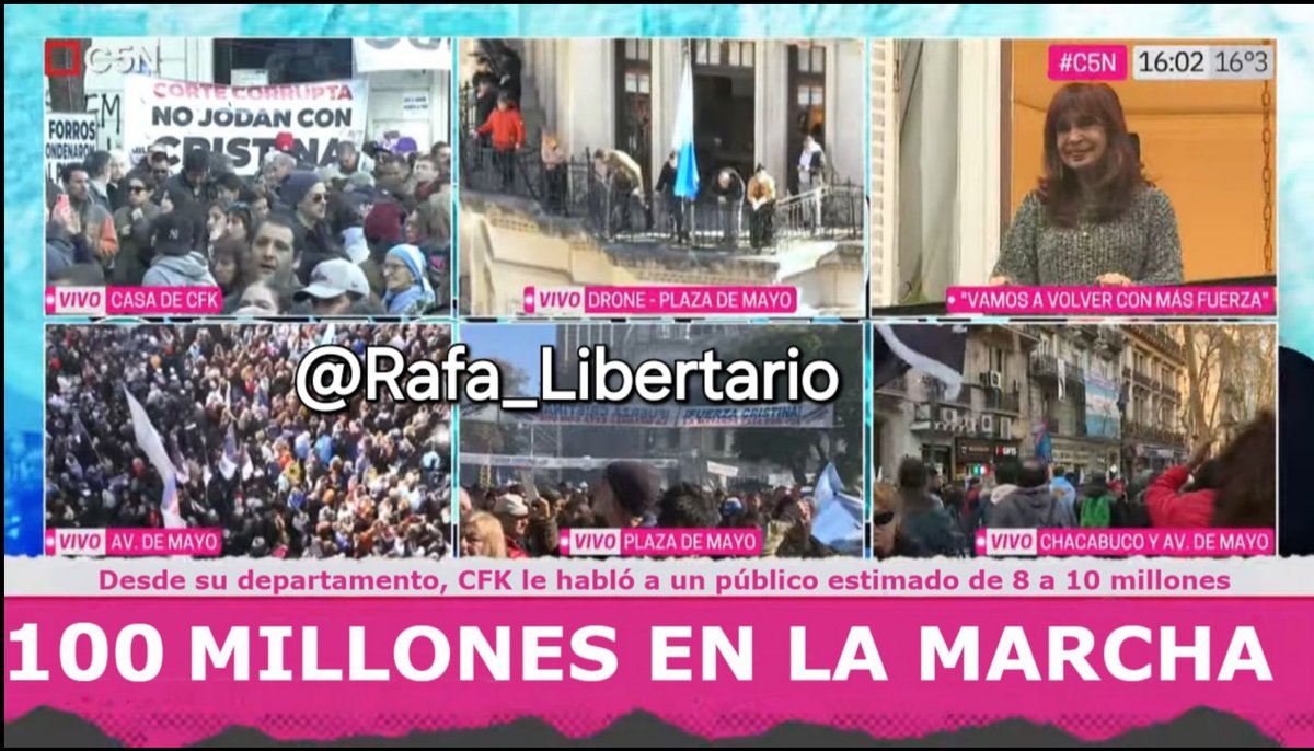 Rafael Rodrigo Villanueva (@rafa_libertario) on Twitter photo 🚨URGENTE🚨
Máxima preocupación en el Gobierno de <a href="/JMilei/">Javier Milei</a>
Según K5N se movilizaron:
100 millones de militantes kirchneristas 😲 🚨URGENTE🚨
Máxima preocupación en el Gobierno de <a href="/JMilei/">Javier Milei</a>
Según K5N se movilizaron:
100 millones de militantes kirchneristas 😲