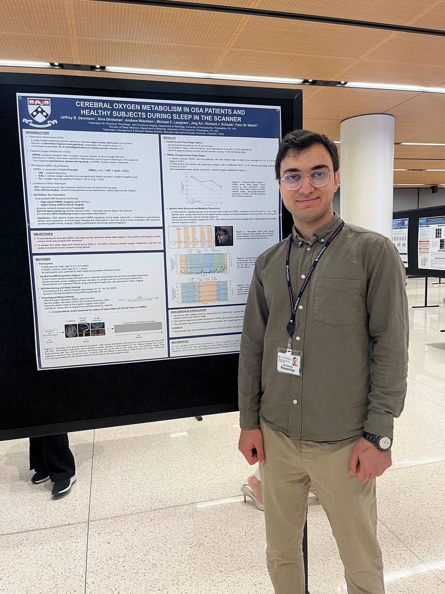 Sina_Dindarian's tweet photo. Presented our work at #Pendergrass Symposium 2025 on "Cerebral Oxygen Metabolism in OSA Patients and Healthy Subjects During Sleep in the Scanner", highlighting how sleep-stage physiology and oxygen dynamics differ in OSA.
#SleepResearch #OSA #Neuroimaging https://t.co/qRZiauQmOH