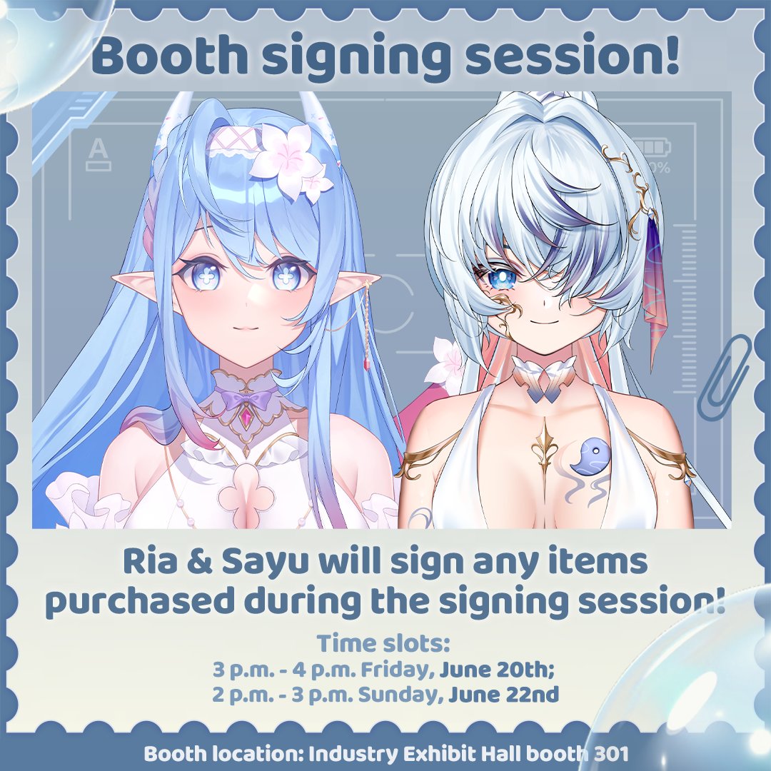 NOA_Talent's tweet photo. 🌸 NOA TALENT @ #OffKaiGen4! 🌸

📍 Booth 301 · June 20-22 · San Jose MCC  

🖊️ SIGNING HOURS -- Ria &amp; Sayu will sign any booth-purchased items:  
  • Fri 3 PM - 4 PM • Sun 2 PM - 3 PM  

#NOATalent #VTuberMerch https://t.co/cRXHu6M6fw