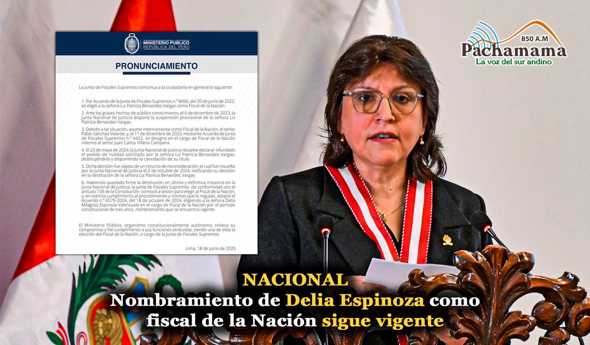 ((🔴)) #Nacional: Junta de Fiscales Supremos  emitió un pronuncianmiento que declara que nombramiento de Delia Espinoza como fiscal de la Nación sigue vigente.

👉 #Nacional| #PachamamaNoticias #Puno #PachamamaInforma