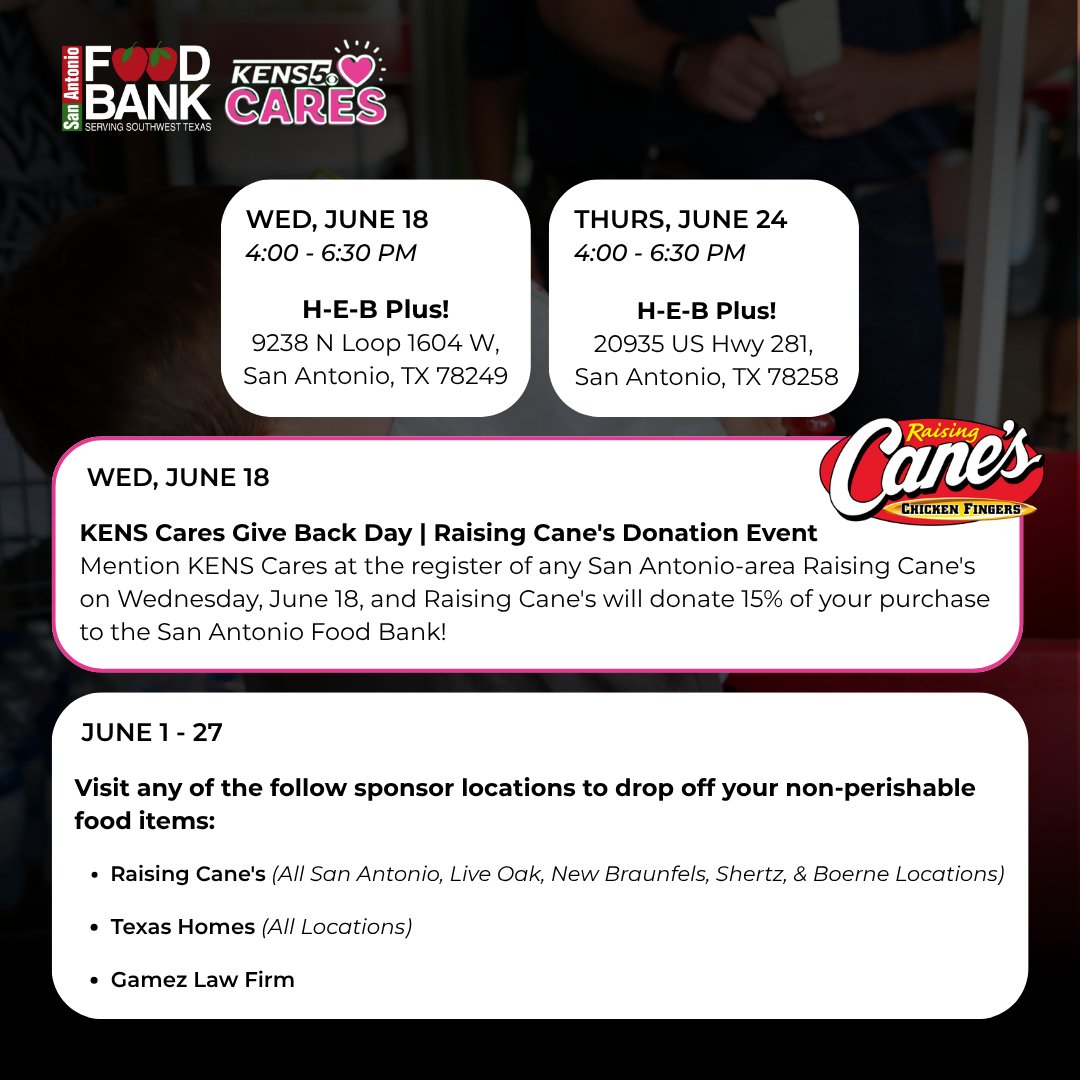 There's still time to participate in Kens Cares' Give Back Day! 🩷 Visit any San Antonio-area Raising Cane's today, June 18, mention 'KENS Cares' at the register, and 15% of your purchase will raise Summer Meals For Kids!

Learn more ➡️ bit.ly/45ne2lr