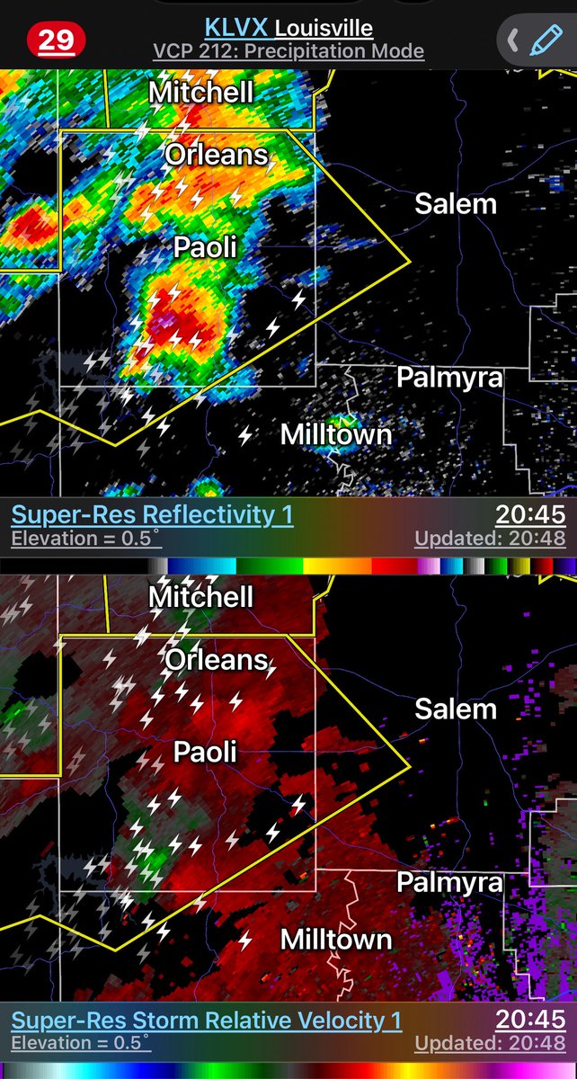 FallsCityWx's tweet photo. This severe thunderstorm over Orange County, IN moving toward Washington County, IN is particularly intense. It is also showing rotation. Even without a tornado possible, this is capable of 70 mph wind gusts and 1.75β hail.
#FallsCityWx #FCWx #502wx #lmkwx #i65wx #wx #kywx #inwx https://t.co/7G66IF6oNA
