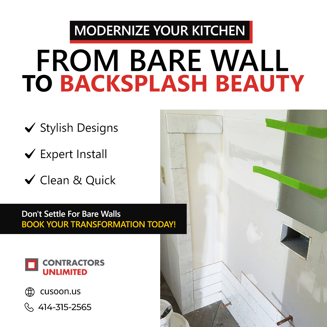 contractorsun's tweet image. Boring kitchen walls? Fix that fast. Our Tile Backsplash Installation adds modern style &amp;amp; splash protection where you need it most.

Call 📞 414-315-2565 or visit 🌐cusoon.us

#KitchenTile #BacksplashUpgrade #HomeRefresh #ContractorsUnlimited