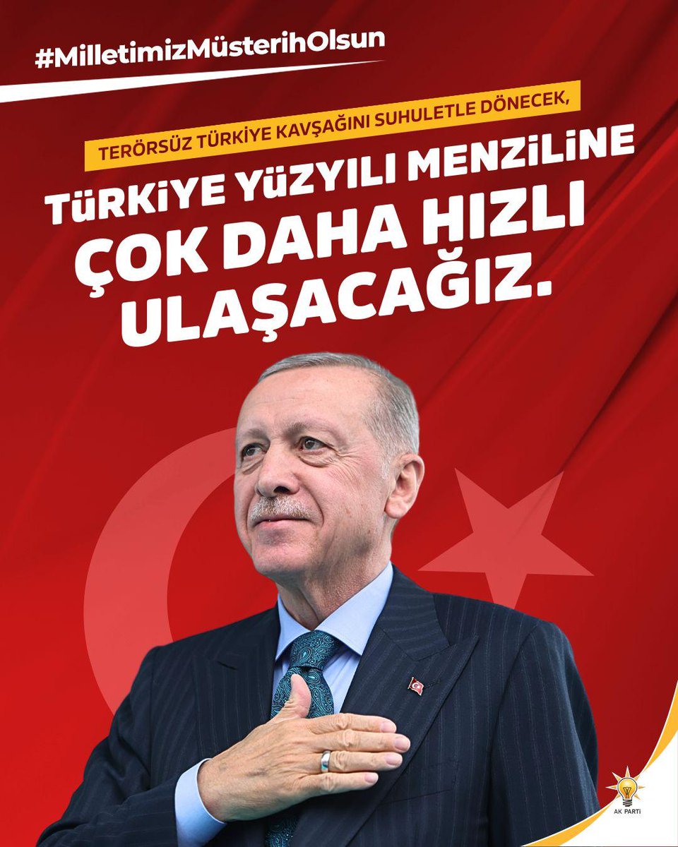 Yeni yüzyılın eşiğinde;
Güçlü liderlik, kararlı adımlar!

Dünya değişiyor, Türkiye yön veriyor. 

Sayın Cumhurbaşkanımızın liderliğinde; her alanda güçlü, tam bağımsız bir Türkiye için yürümeye devam!

#MilletimizMüsterihOlsun
