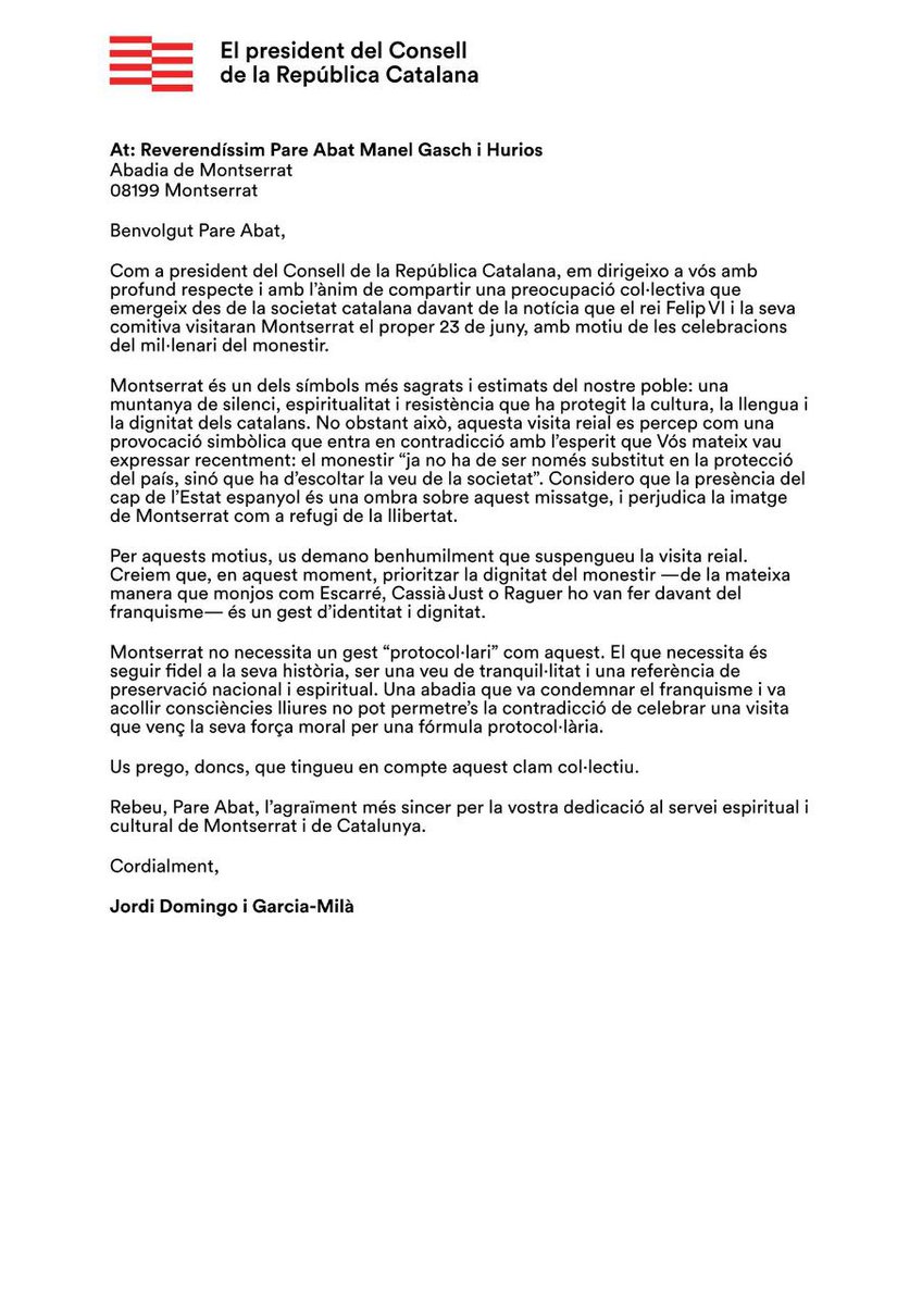 @CLxRGirona (@clxrgirona) on Twitter photo Carta del president del <a href="/ConsellRep/">Consell de la República Catalana</a> <a href="/JordiDomingoGM/">Jordi Domingo</a> adreçada al pare Abad de Montserrat Carta del president del <a href="/ConsellRep/">Consell de la República Catalana</a> <a href="/JordiDomingoGM/">Jordi Domingo</a> adreçada al pare Abad de Montserrat