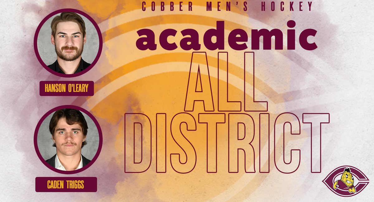 CobberSID's tweet image. 𝗔𝗖𝗔𝗗𝗘𝗠𝗜𝗖 𝗔𝗟𝗟-𝗗𝗜𝗦𝗧𝗥𝗜𝗖𝗧!
CORNGRATS to Cobber men's hockey players Hanson O'Leary & Caden Triggs, who received CSC Academic All-District honors. It's the 2nd straight season for Hanson to earn the award.
𝗗𝗘𝗧𝗔𝗜𝗟𝗦: tinyurl.com/4sr6um2a