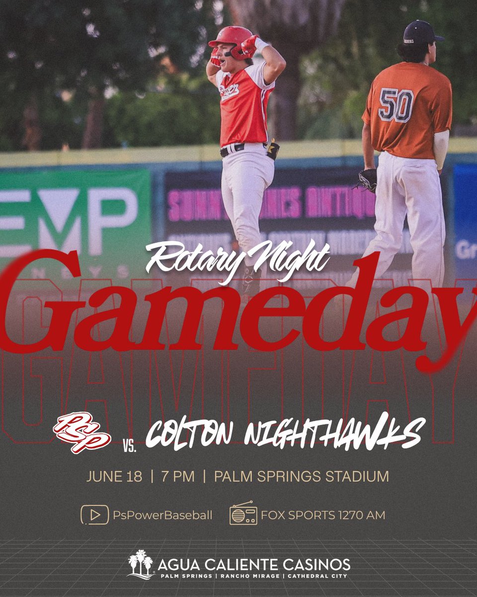 𝐋𝐨𝐜𝐤𝐞𝐝 𝐢𝐧 🔒 

🆚 @coltonnighthawksbaseball 
⏰ 7 PM PT
 🤝 Rotary Night ⚾️ 
🍹 $5 MARGS!
📍 Palm Springs Stadium
📺 YouTube // <a href="/PSPowerBaseball/">Palm Springs Power</a> 
📻 @foxsportsps // FOX Sports 1270AM

#PowerUp⚡️