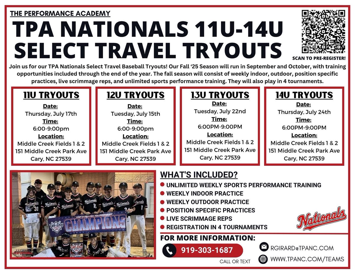 TPA NATIONALS SELECT FALL TRYOUT INFO🚨

Ages 11u-14u📈

Register using the link below 👇

docs.google.com/forms/d/1-icVw…

#NatsOnTop | #OakleyPrizm